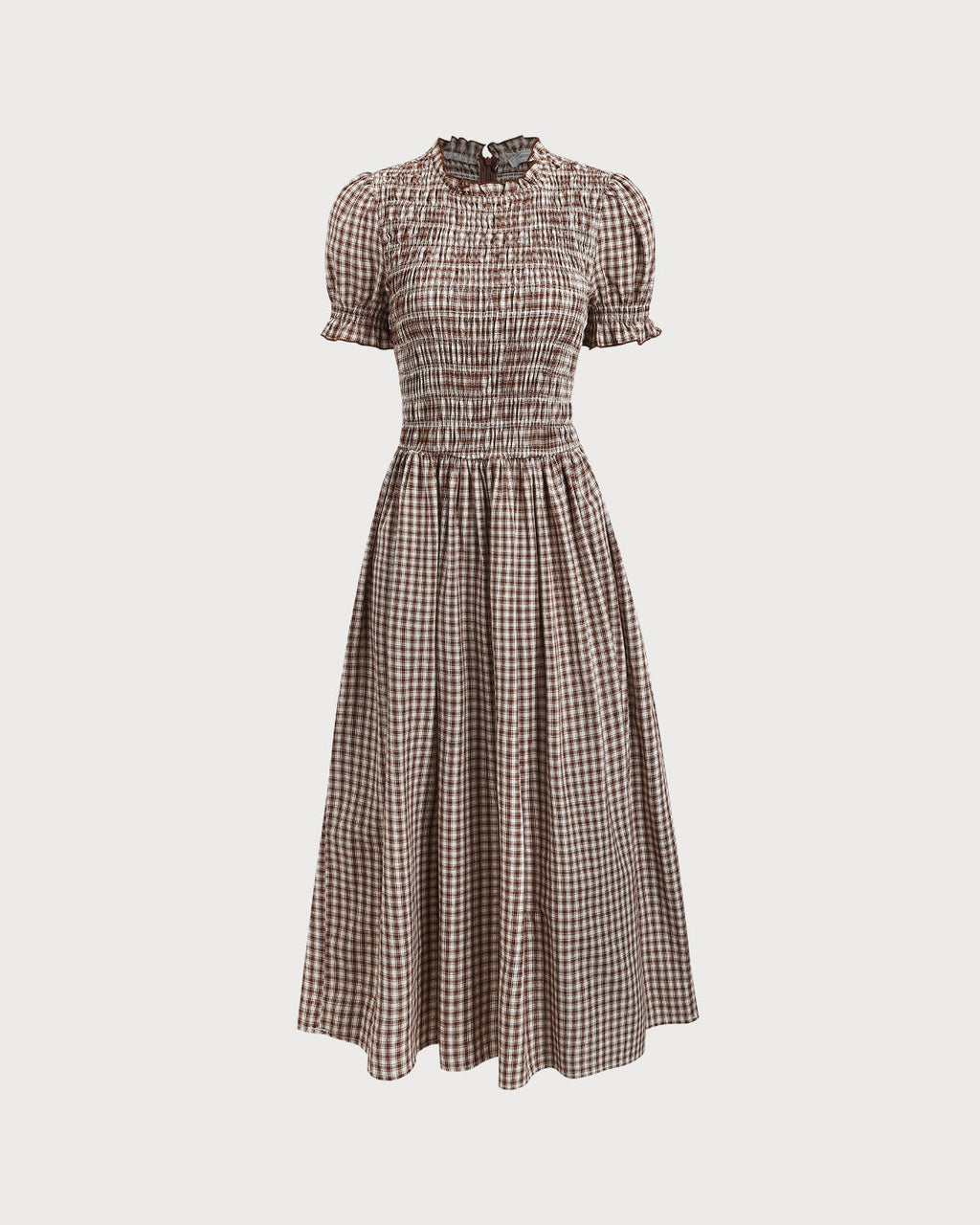Coffee Plaid Shirred Puffed Sleeve Midi Dress