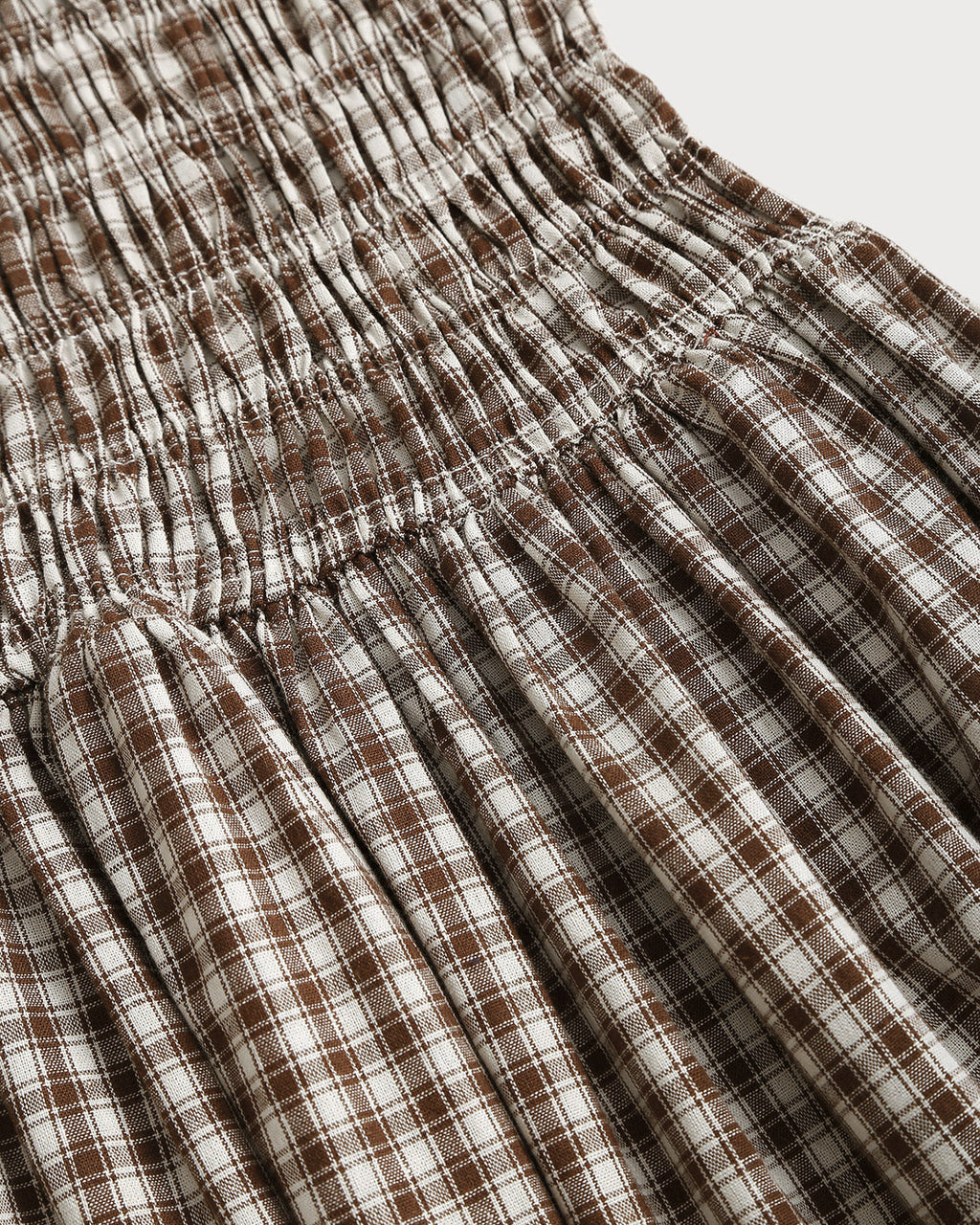 Coffee Plaid Shirred Puffed Sleeve Midi Dress