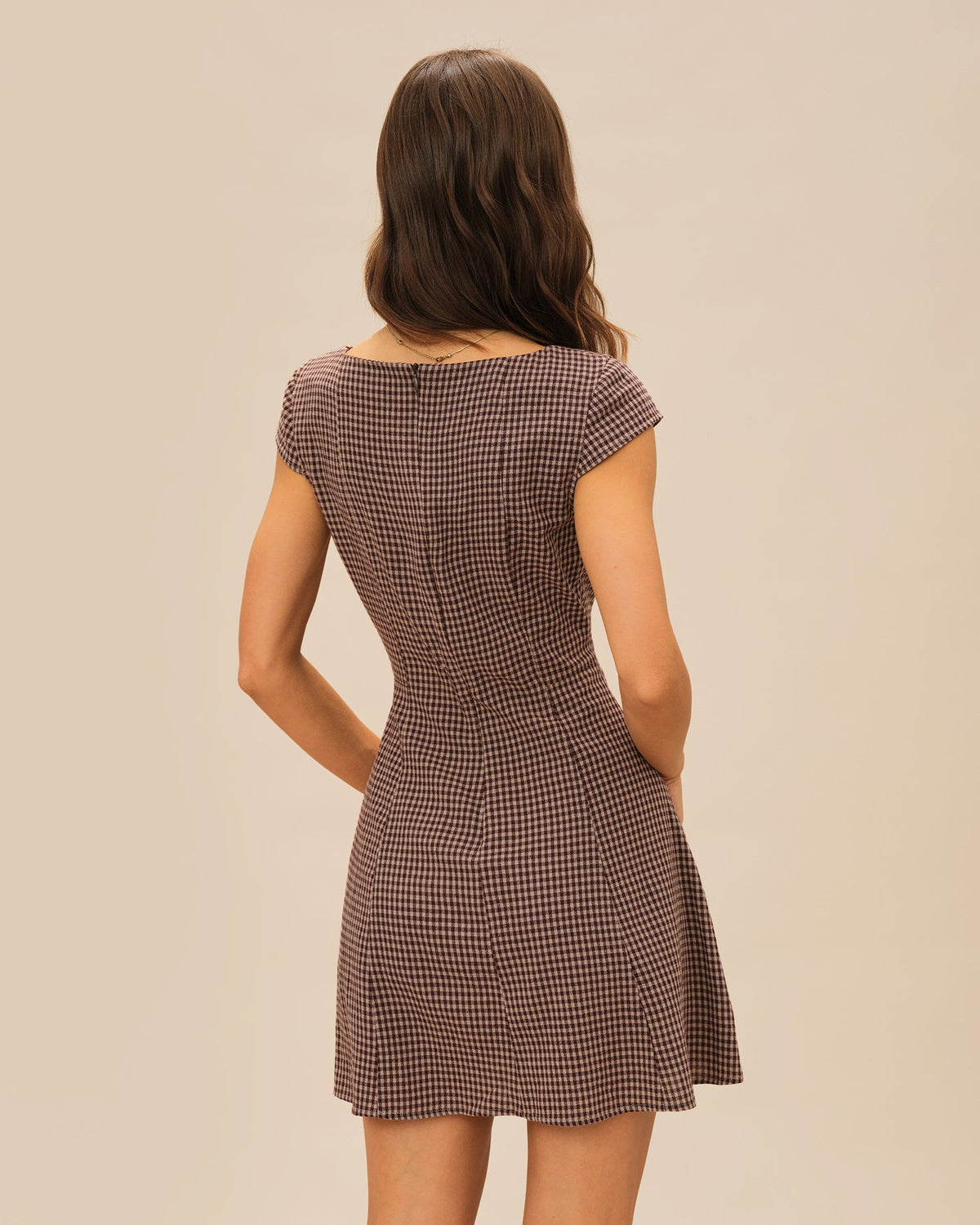 Brown Square Neck Plaid Mini Dress