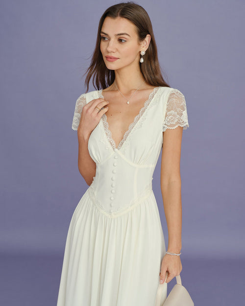 Apricot V Neck Lace Splicing Maxi Dress