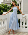 Blue Halter Contrasting Satin Maxi Dress
