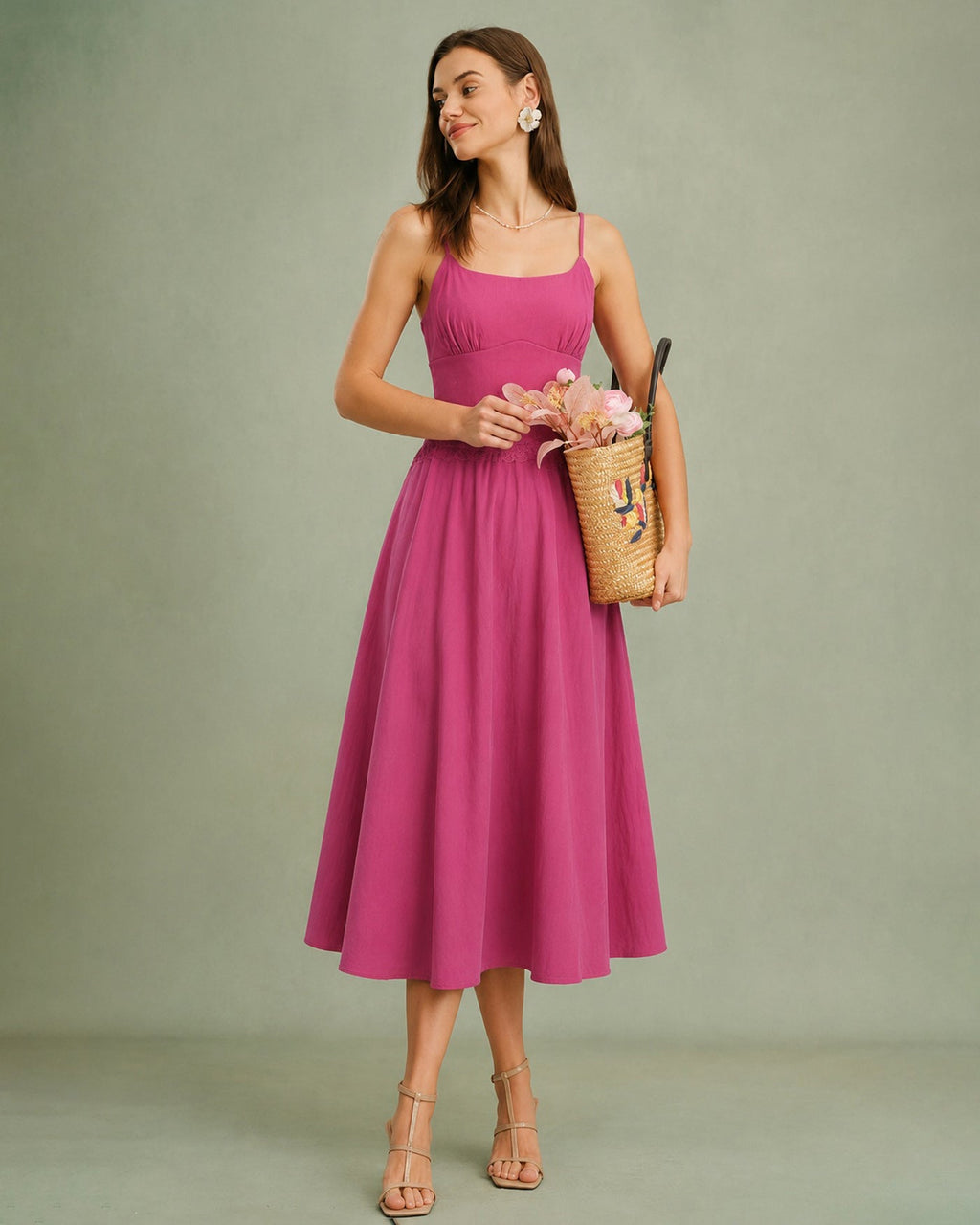 Pink Lace Pockets Slip Midi Dress
