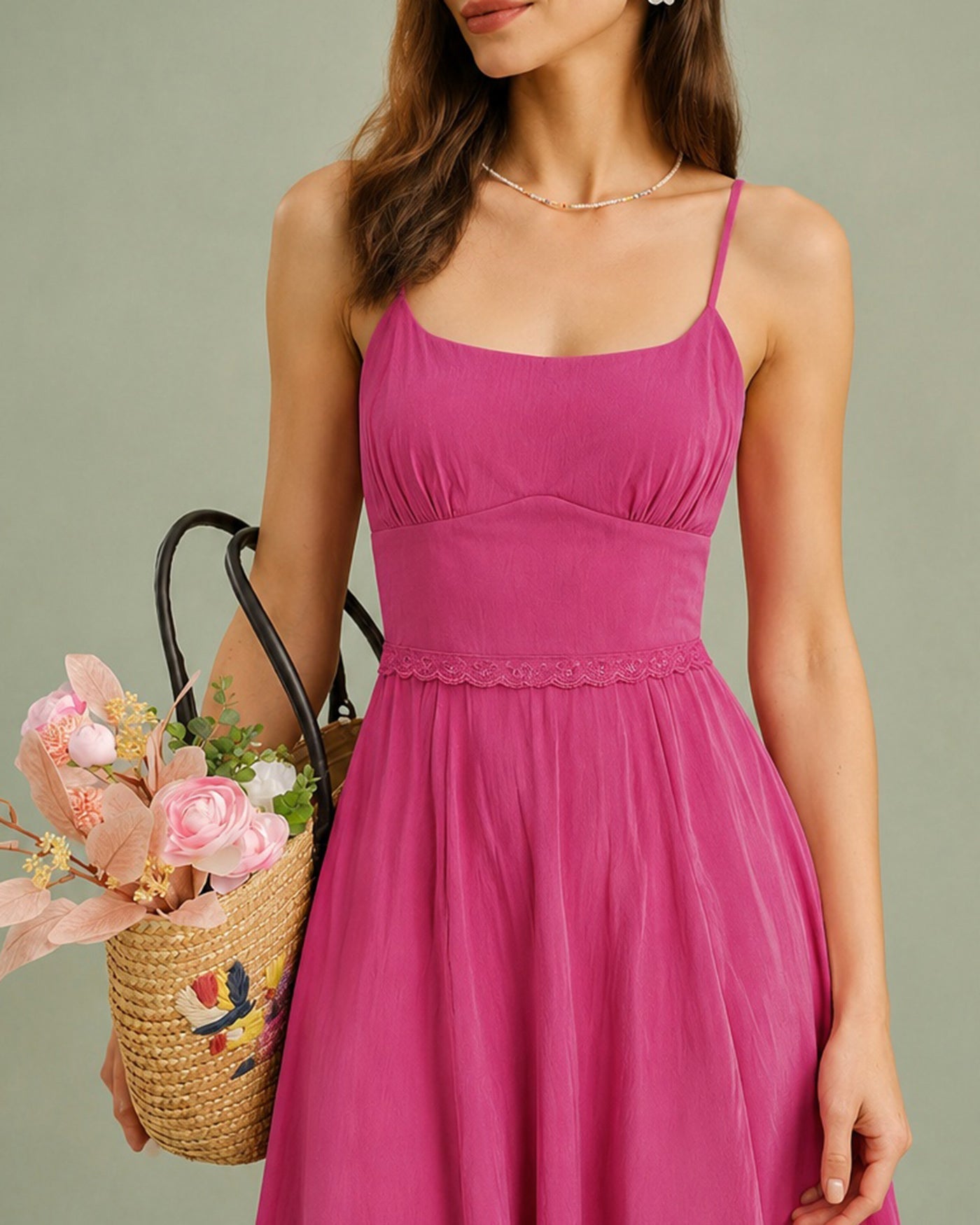 Pink Lace Pockets Slip Midi Dress