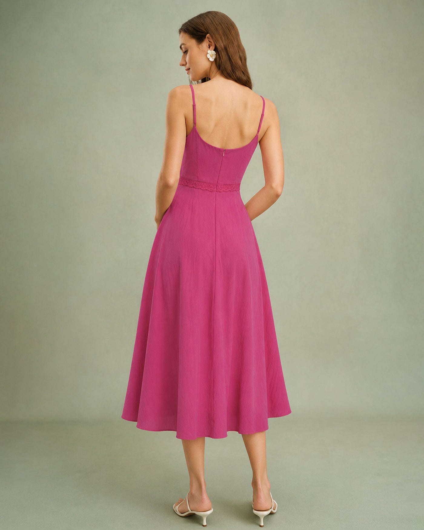 Pink Lace Pockets Slip Midi Dress
