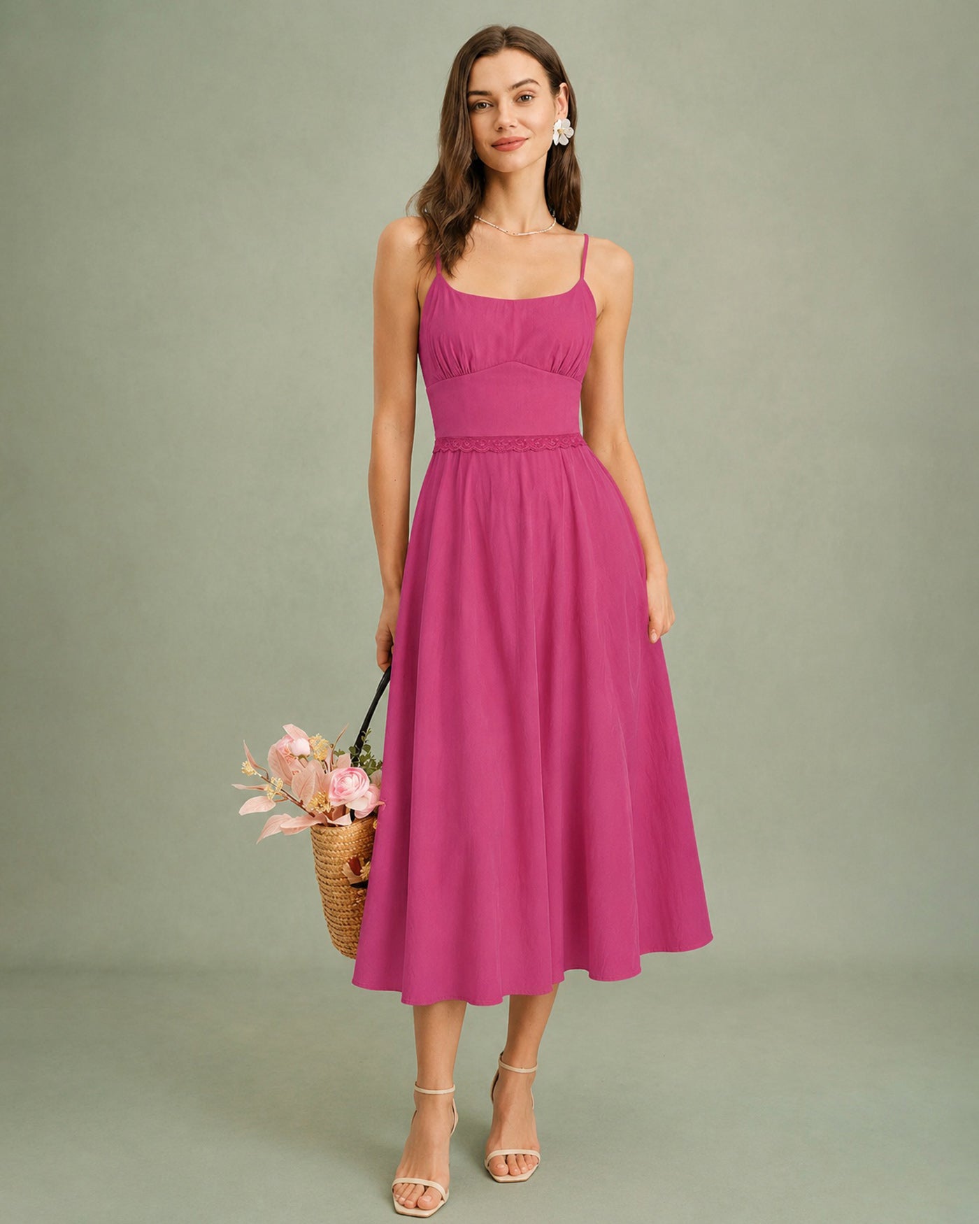 Pink Lace Pockets Slip Midi Dress